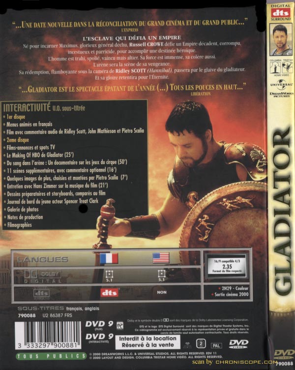 Jaquette DVD collector de Gladiator (verso)